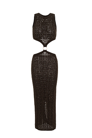 коричневый Трикотажный ажурный сарафан из хлопка с добавлением эластана. Модель без рукавов, с круглым вырезом горловины. Сарафан декорирован кольцом, соединящим верх и юбку изделия. Края выполнены в рубчик.
