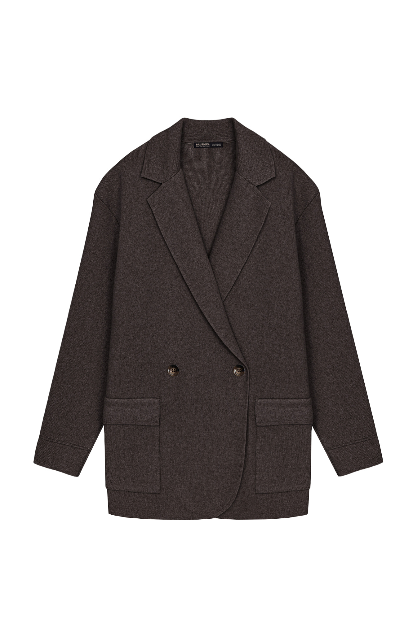 Трикотажный двубортный жакет из смесовой шерсти с добавлением кашемира. Модель прямого кроя, с прямоугольными лацканами и накладными карманами с клапанами спереди. Изделие без подкладки.
