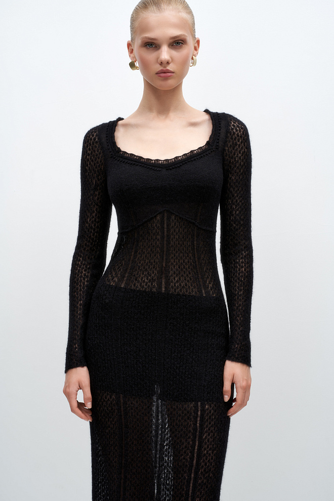 Ажурное платье из супер кид мохера и шерсти беби альпака