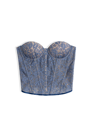 голубой Корсет из тонкого кружева на подкладке телесного цвета. Модель с чашечками и шнуровкой по спинке.