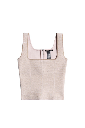 розовый Короткий трикотажный корсет из вискозы с добавлением люрекса. Модель приталенного силуэта, с квадратным вырезом и широкими бретелями. Застежка на молнию сзади. 