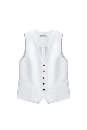 белый Классический жилет из 100% льна. Модель прямого кроя, с V-образным вырезом, карманами и застежкой на пуговицы.