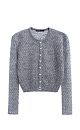 Трикотажный ажурный кардиган из кидмохера, декорированный мелкими пайетками. Модель свободного силуэта с длинными рукавами, круглым вырезом горловины и застежкой на жемчужные пуговицы. 