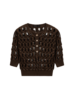 коричневый Трикотажный топ с крупным ажурным переплетением. Круглый вырез с планкой на пуговицах. На рукавах и по низу изделия широкая фактурная резинка. В комплекте топ на тонких бретелях.