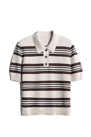 бежевый Трикотажная футболка поло в полоску из вискозы. Модель прямого кроя с отложным воротником и пуговицами на планке. Низ изделия и манжеты рукавов выполнены в рубчик.