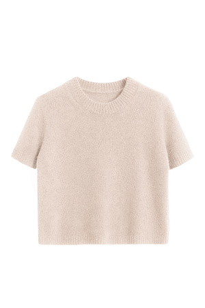 бежевый Трикотажная футболка из пуха лисы. Модель свободного силуэта, с коротким рукавом и круглым вырезом горловины. Края изделия выполнены в рубчик. Дополнить образ можно юбкой.