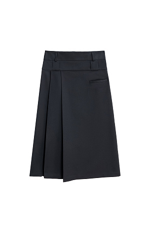 черный Юбка длины миди из шерсти. Модель прямого кроя, с двумя продольными складками сбоку, двойным поясом со шлевками для ремня, врезным карманом и застежкой на молнию. Изделие без подкладки. 