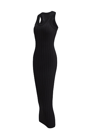 черный Трикотажное платье миди из тонкой вискозы. Модель приталенного силуэта, без рукавов, с глубокой проймой и U-вырезом горловины. Изделие выполнено в широкий рубчик.