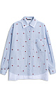 Рубашка из 100% хлопка с принтом в виде сердечек и вышивкой на манжетах. Модель с длинными рукавами с манжетами на пуговицах, отложным воротником и нагрудным карманом. Контрастные элементы в стиле гранж по низу изделия.