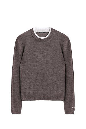 бежевый Трикотажный джемпер из шерсти. Модель свободного силуэта с контрастными манжетами и воротничком. Изделие декорировано брендированным жаккардом на рукаве и логотипом на спине.