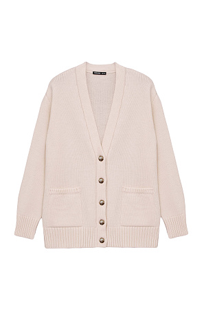 бежевый Трикотажный кардиган из шерсти альпака. Модель свободного силуэта с V-образным вырезом и накладными карманами. Края изделия в рубчик. 