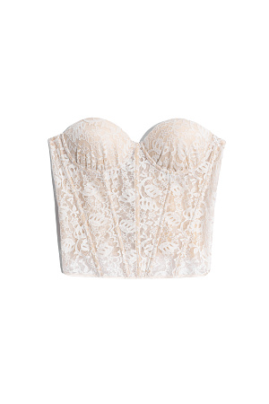 белый Корсет из тонкого кружева на подкладке телесного цвета. Модель с чашечками и шнуровкой по спинке.