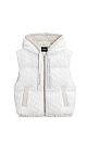 Стеганый жилет на пуху с трикотажным верхом, выполненным объемными косами из мягкой шерсти. Модель прямого кроя, с капюшоном и двумя карманами. Низ изделия выполнен на резинке. На подкладке.
