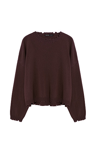 коричневый Укороченный трикотажный джемпер из шерсти с добавлением кашемира. Модель свободного силуэта со спущенной линией плеча. Горловина, манжеты рукавов и низ изделия выполнены с дранью.