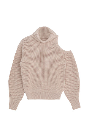 бежевый Трикотажный джемпер из смесовой шерсти. Модель свободного силуэта со спущенной линией плеча, высоким воротом и вырезом на плече. Низ изделия и манжеты рукавов на резинке.
