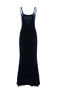 Бархатное платье длины макси из полиамида с добавлением вискозы. Модель приталенного силуэта, без рукавов, на тонких регулируемых бретельках и глубоким вырезом на спине.