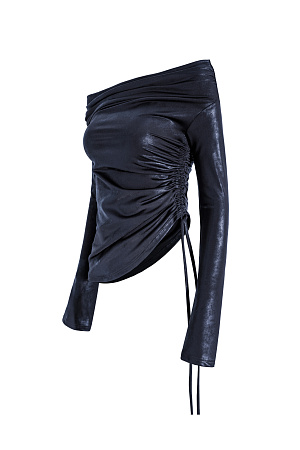 черный Топ из нейлона на кулиске. Модель с длинным рукавом, асимметричным низом и сложной драпировкой. Дополнить образ можно юбкой в таком же стиле. 