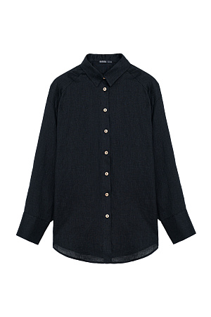 черный Классическая рубашка из 100% льна. Модель прямого кроя с отложным воротником, длинными рукавами с манжетами на пуговицах и закругленным нижним краем. Застежка на пуговицы.