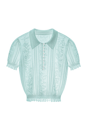 ментол Трикотажная футболка из вискозы с пайетками. Изделие выполнено ажурным переплетением с дизайном в виде растительного орнамента. Модель с воротником поло, планкой на пуговицах-сердечках и коротким рукавом.