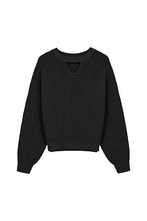 черный Трикотажный джемпер из хлопка с фигурной горловиной и вырезом.