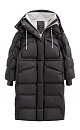 Объемный длинный пуховик. Модель с воротником-стойкой, капюшоном на кулиске и кнопках, большими нагрудными и боковыми карманами на молнии с клапанами и трикотажными манжетами в широкий рубчик. Застежка на молнию по всей длине под планкой на кнопках. Ворот изделия декорирован логотипом бренда.