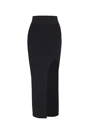 черный Трикотажная юбка длины макси с широким эластичным поясом и высоким разрезом спереди. Дополнить образ можно топом в том же стиле. 