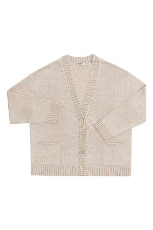 бежевый Трикотажный кардиган из 100% льна. Модель свободного кроя со спущенной линией плеча, длинным рукавом, накладными карманами и V-образным вырезом горловины. Края изделия выполнены в рубчик. Застежка на пуговицы.