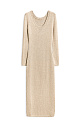 Трикотажное платье длины макси из вискозы с добавлением люрекса. Модель по фигуре с длинными рукавами, круглым вырезом горловины, вырезом на спине и разрезом на подоле сбоку. Края изделия выполнены в рубчик. 