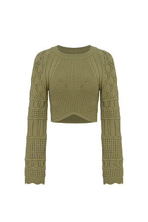 хаки Трикотажный топ фактурной вязки из хлопка. Модель с длинными рукавами. Дополнить образ можно юбкой в таком же стиле.