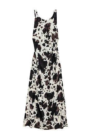 коричневый Принтованный сарафан длины миди из 100% вискозы. Модель прямого кроя, с круглым вырезом горловины, без рукавов, на широких бретелях, перекрученных на спине, драпировкой на талии и двумя боковыми карманами. 