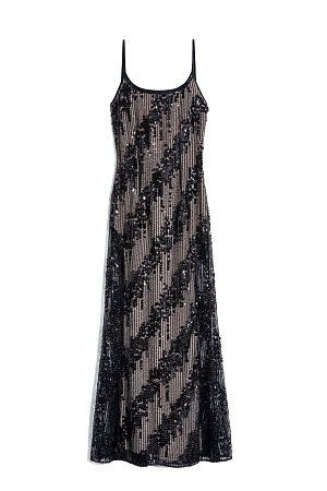 черный Платье с пайетками на тонких бретелях. Модель приталенного силуэта длины макси с вырезом на спине и застежкой на молнию. 