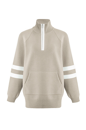 бежевый Джемпер из вискозы в спортивном стиле. Лампасы на рукавах. Высокий воротник. Застежка-молния.
