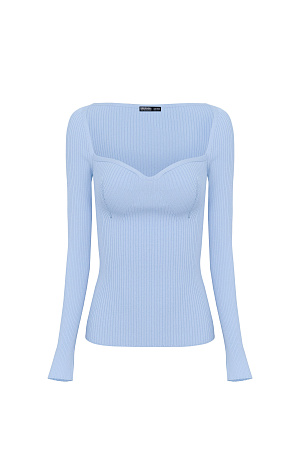 синий Трикотажный топ из вискозы. Модель приталенного силуэта с вывязанным открытым декольте, длинными рукавами и разрезом на манжетах.