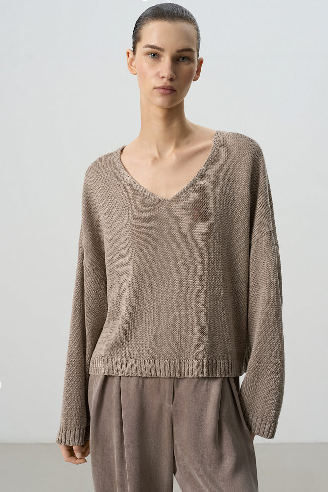 Джемпер из 100% льна с V-образным вырезом